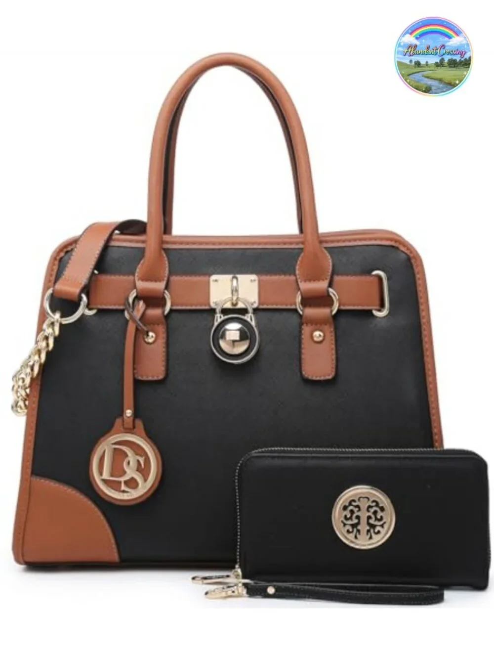 Vegan Leather Satchel Handbag Set with Wallet, Top Handle & Chain Strap, Work